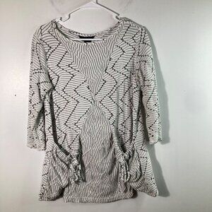 Womens Ali Miles Lagenlook Knit Tunic Geometric Pleat Design Pockets S White Bla